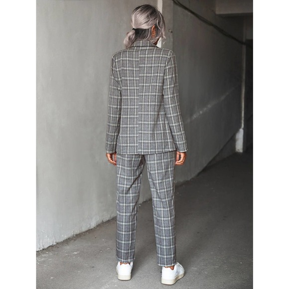 2 piece set pantsuit Plaid Double Breasted Blazer & dress Pants gray - Picture 2 of 8